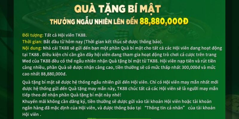 Khám phá cơ cấu khuyến mãi quà tặng bí mật TK88